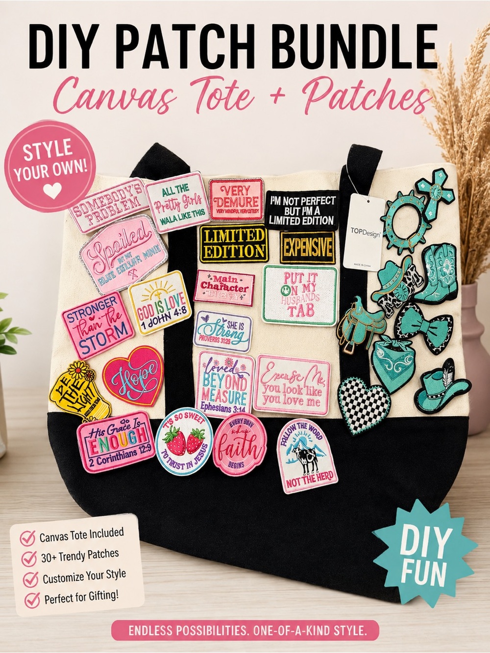 NWT TOPDesign Canvas Tote Bag + 30 Patch DIY Bundle Faith Western Coquette